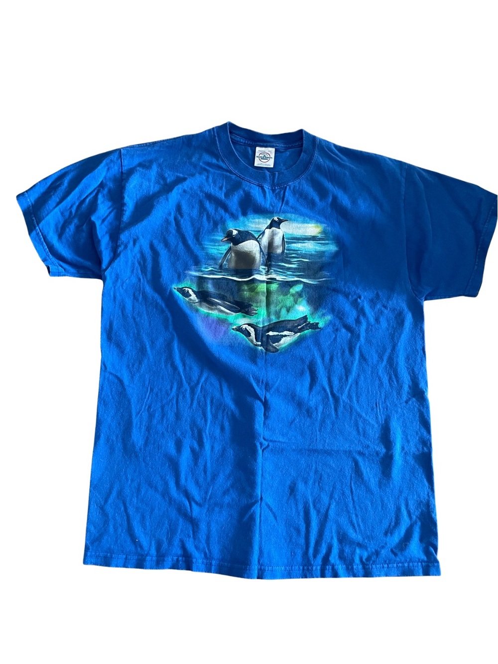 Vintage Delta Royal Blue Penguin Graphic Tee Seaworld Size L Aurora Print